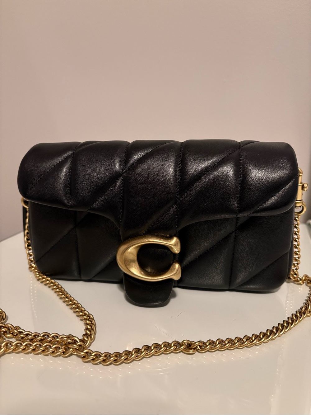 Coach Tabby 19 Black Quilted Leather Crossbody Bag with Gold Chain